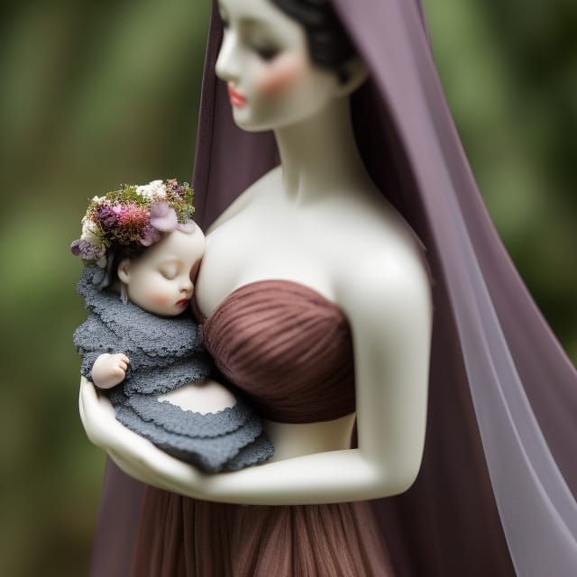 Gothic Fairy Statue with Baby, Detailed Fantasy Art