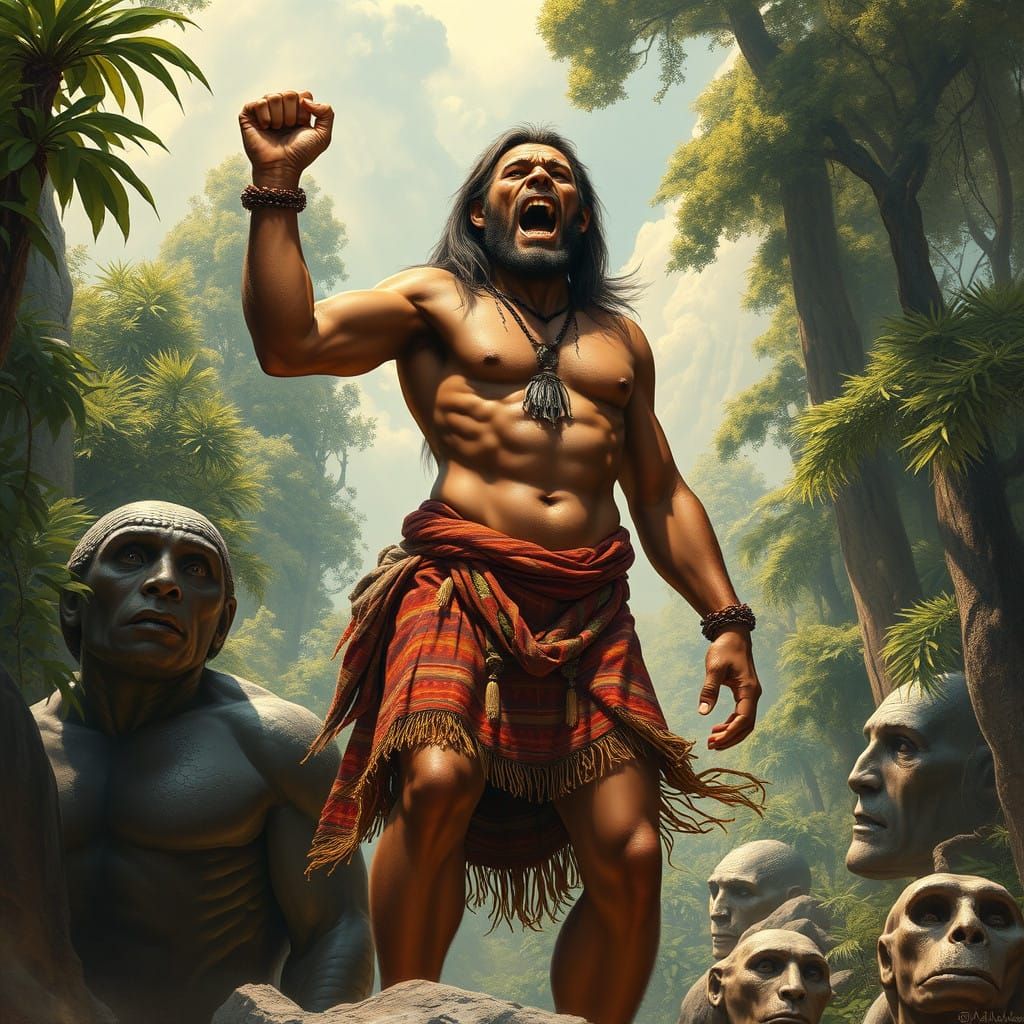 Triumphant Cave Woman in a Vibrant Prehistoric Landscape