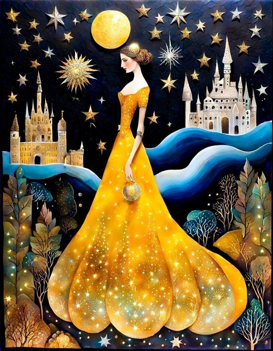 Magic Princess in Starflower Gown Mixed Media Collage