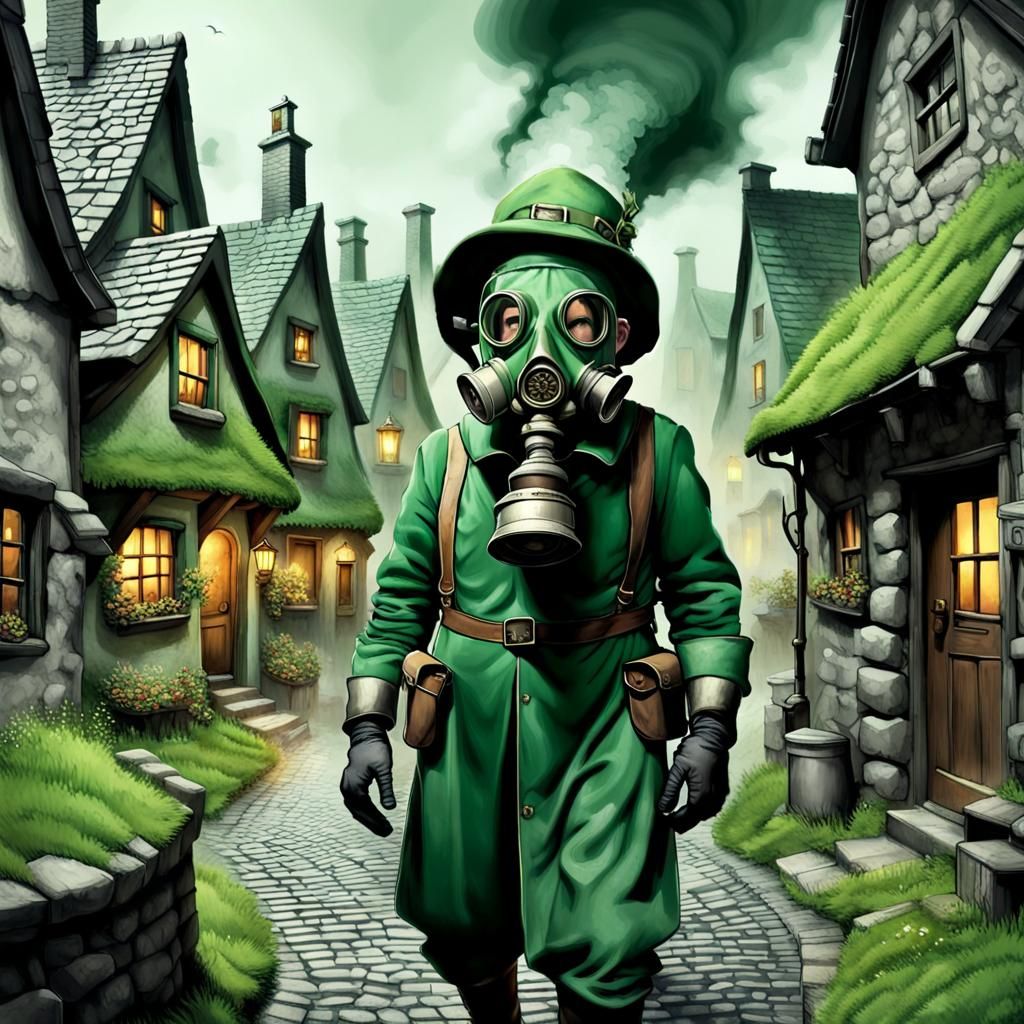 Leprechaun in Gas Mask Wanders Deserted Village