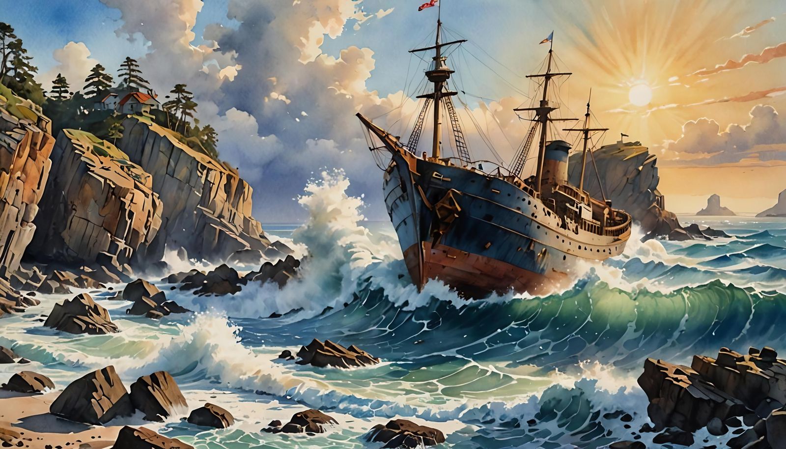 Coastal Shipwreck on the Rocks in Watercolor