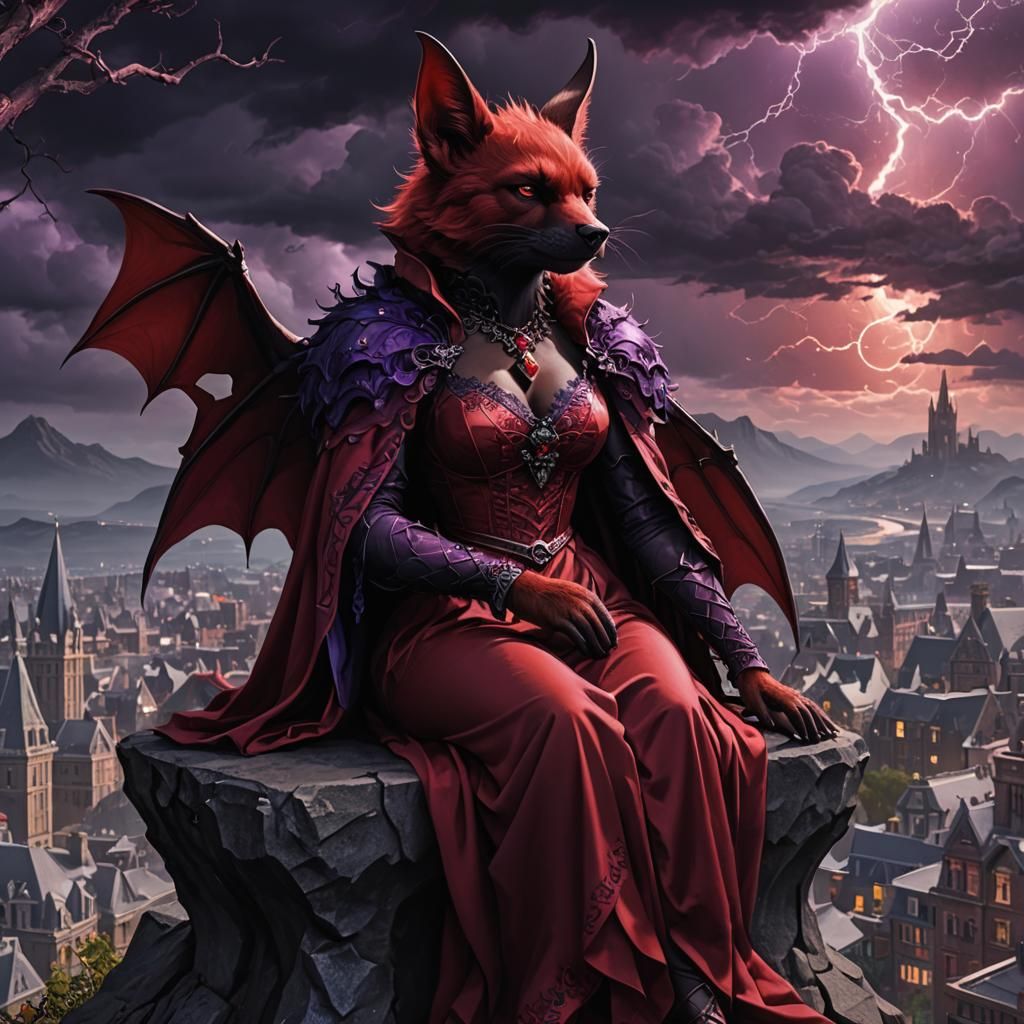 Red Bat Anthro on Throne Overlooking City