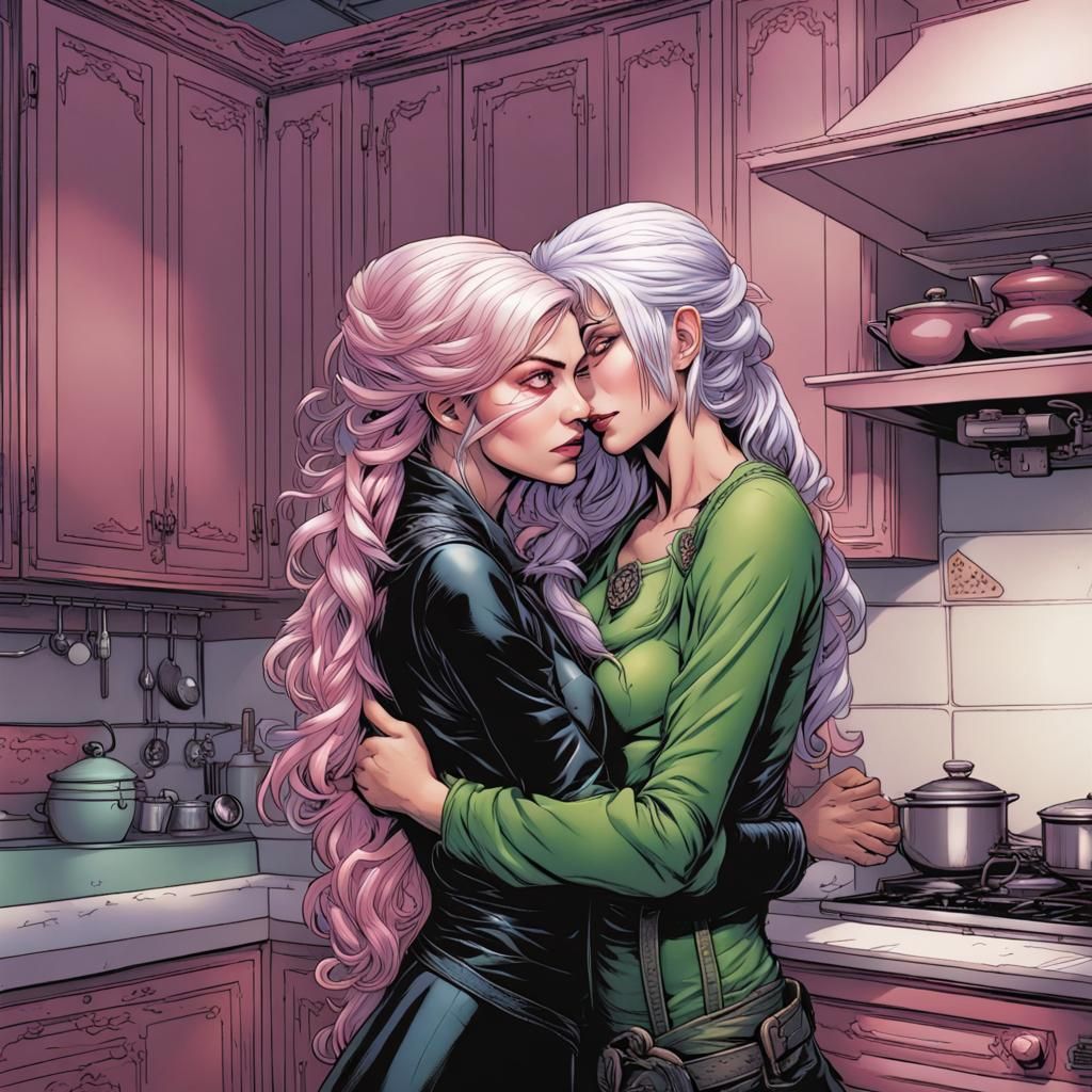 Two Women Embrace: Gothic Comic Book Art