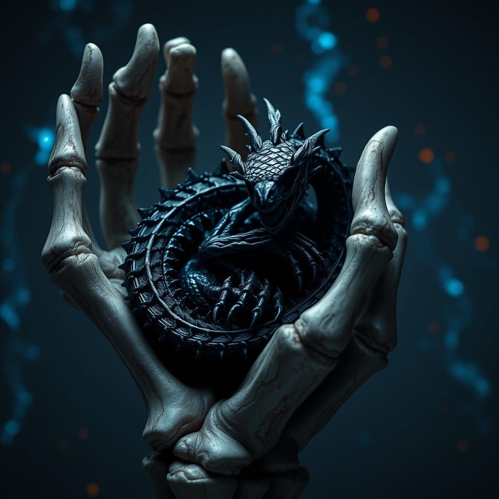Ebony Dragon in Bony Hand, Dark Fantasy Art