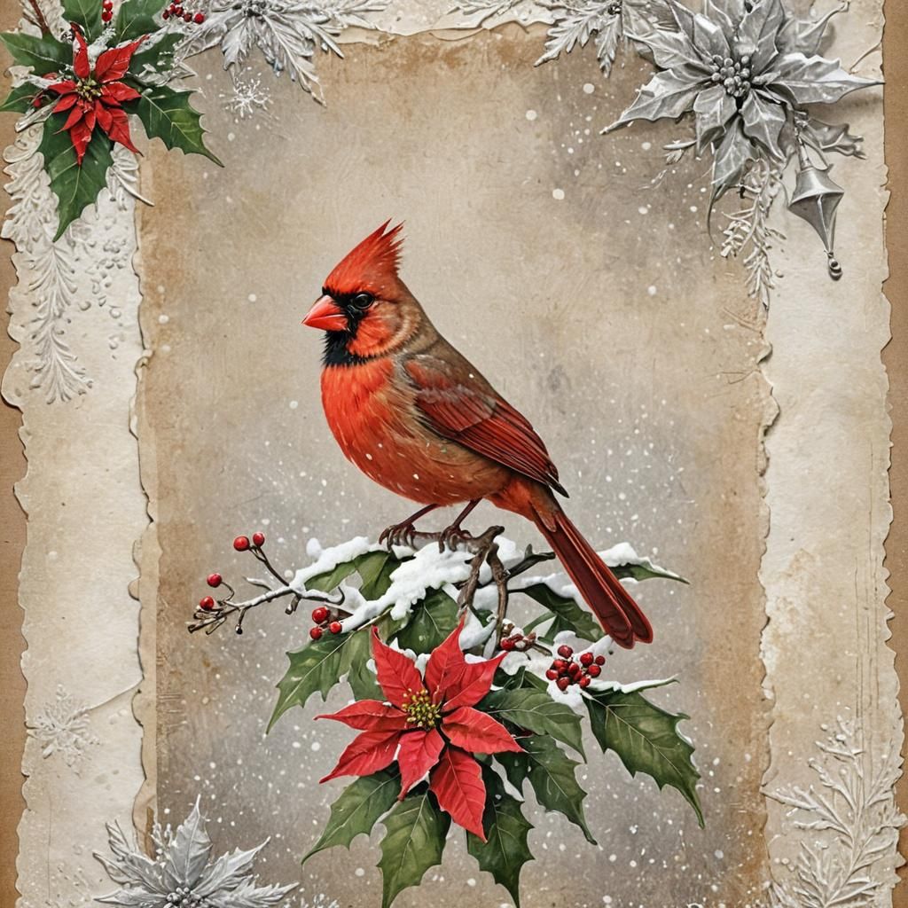 Vintage Cardinal Postcard with Poinsettia and Snow