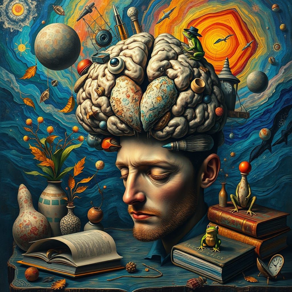 Cubist Dreamscape with Brain and Geometric Shapes in Vibrant...