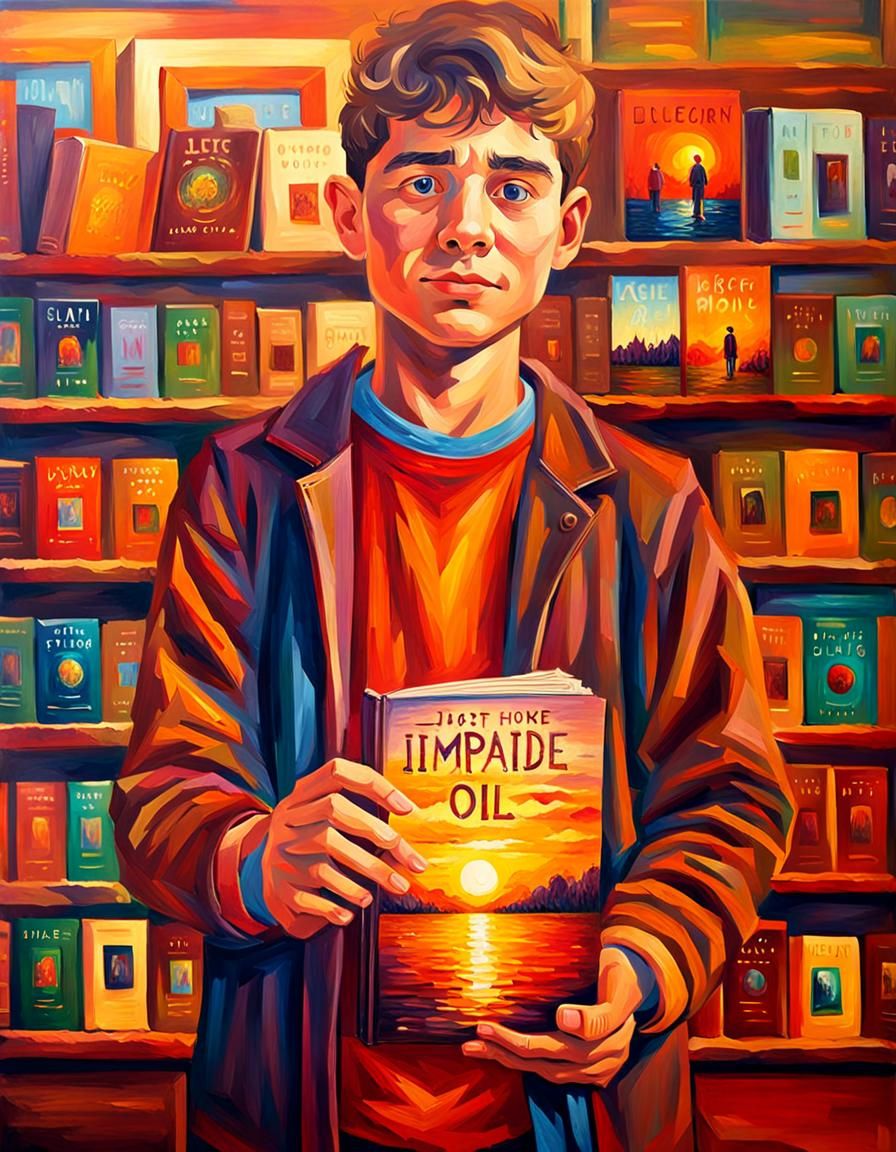 Author with First Novel, Impasto Oil Painting