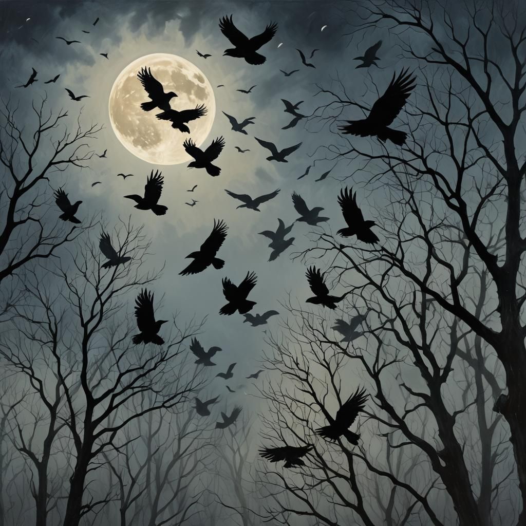 Ravens Fly in Dark Forest in Surreal Oil Painting