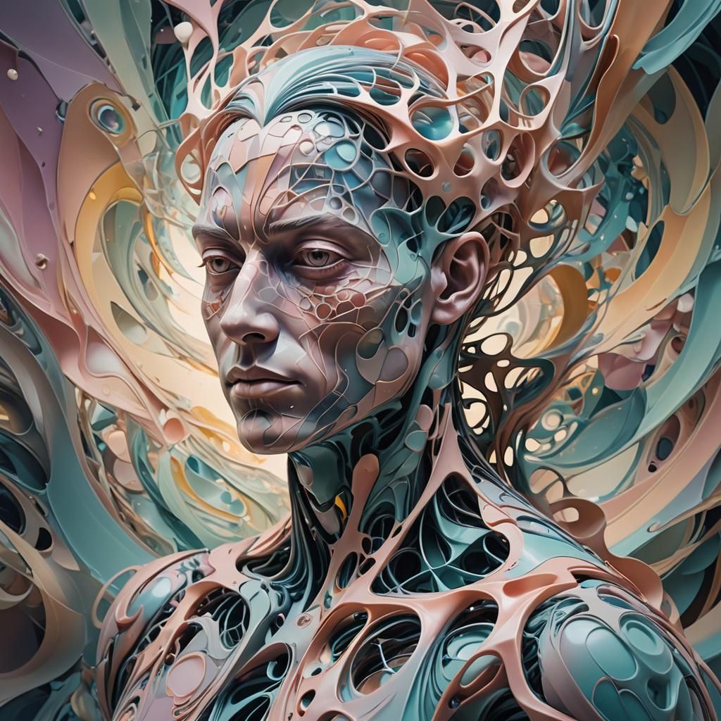 Surreal Distorted Figure in Geometric Dreamscape