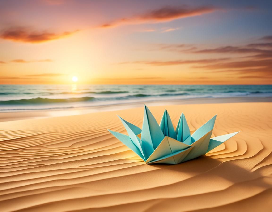 Origami Sunset Beach Scene in Surreal Paper Art