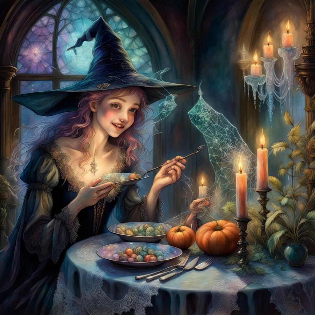 Little witch has dinner by candlelight
