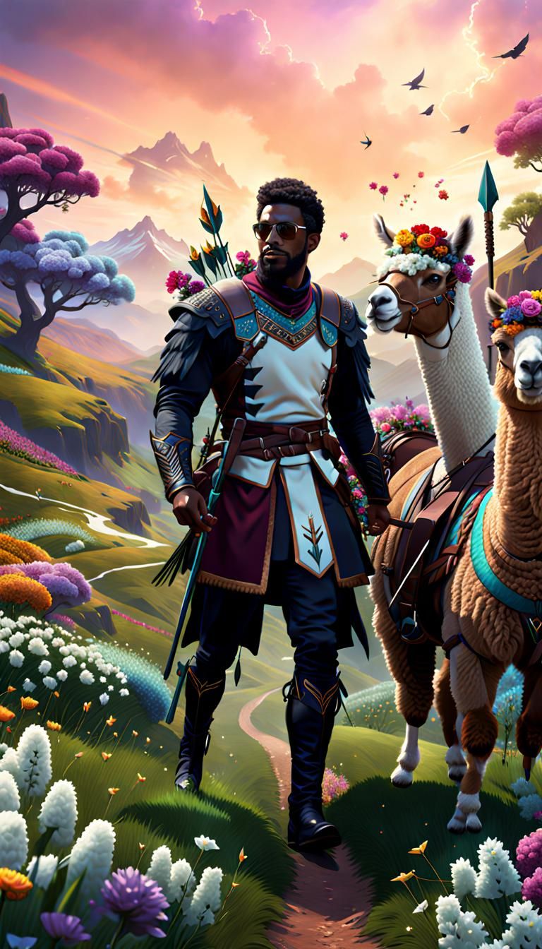 Alpaca Rider in a Detailed Fantasy Landscape