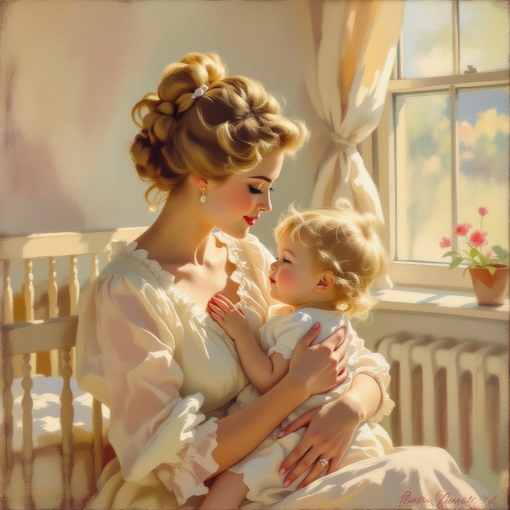 Mother and Child Scene in Mary Cassatt Impressionist Style