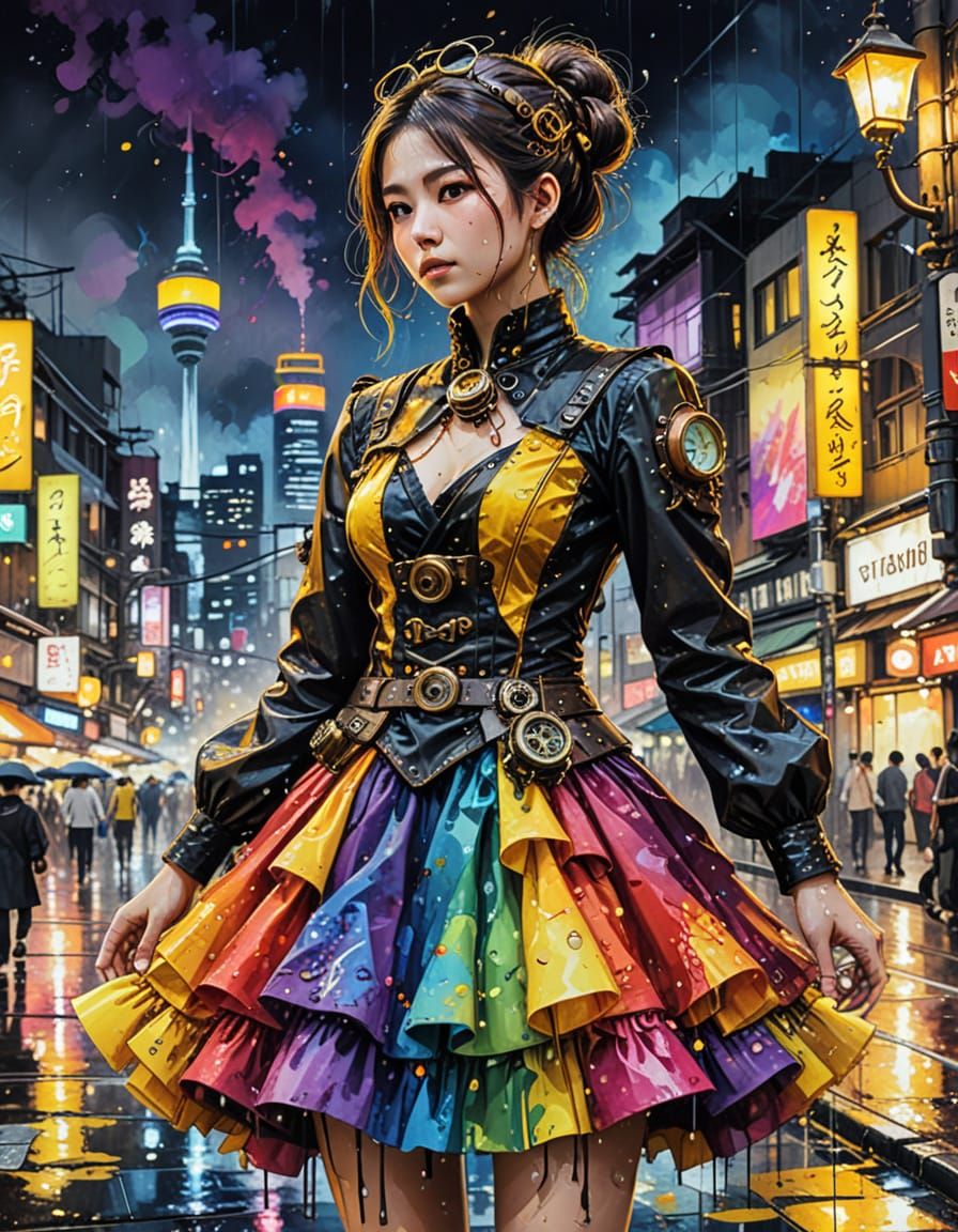 Steampunk Tokyo Girl in Rainbow Dress, Oil on Canvas