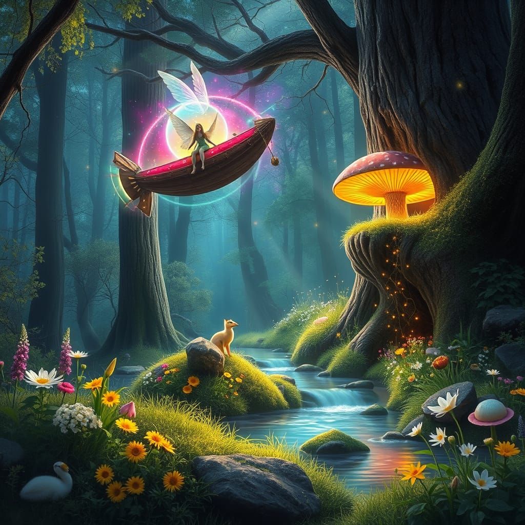 Surreal Forest Scene with Glowing Spacecraft and Whimsical C...