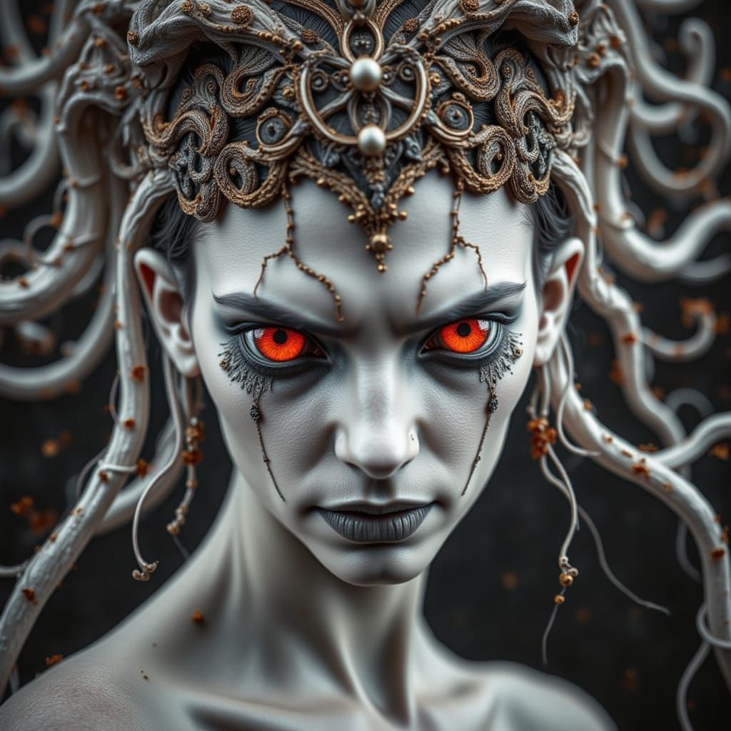 Gargoyle Woman with Medusa Hair in B&W Portrait