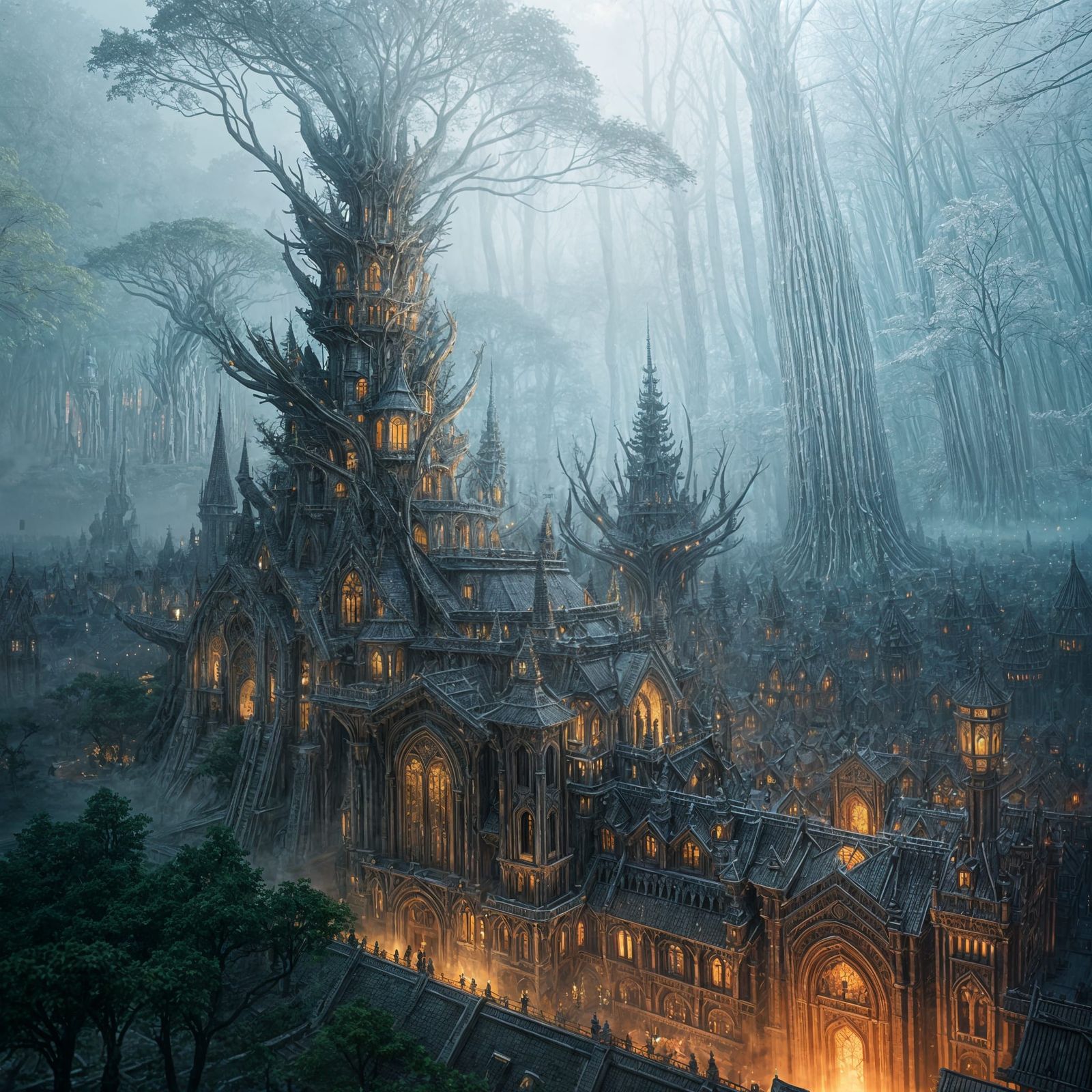Lothlórien: Ornate Forest City in Anime Style