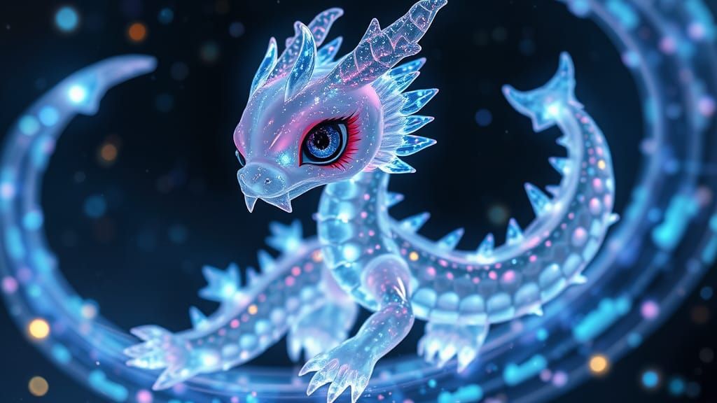Bioluminescent Chibi Dragon Illuminates Starry Night Sky