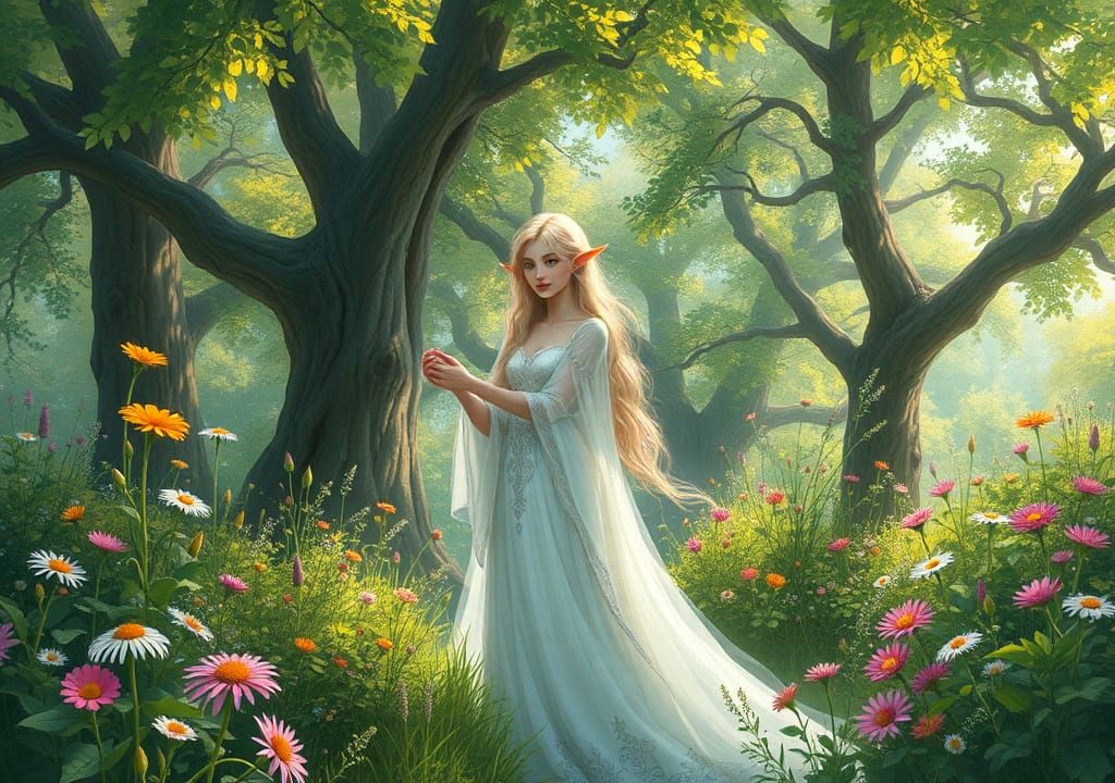 Enchanting Elf Maiden in Mystical Garden
