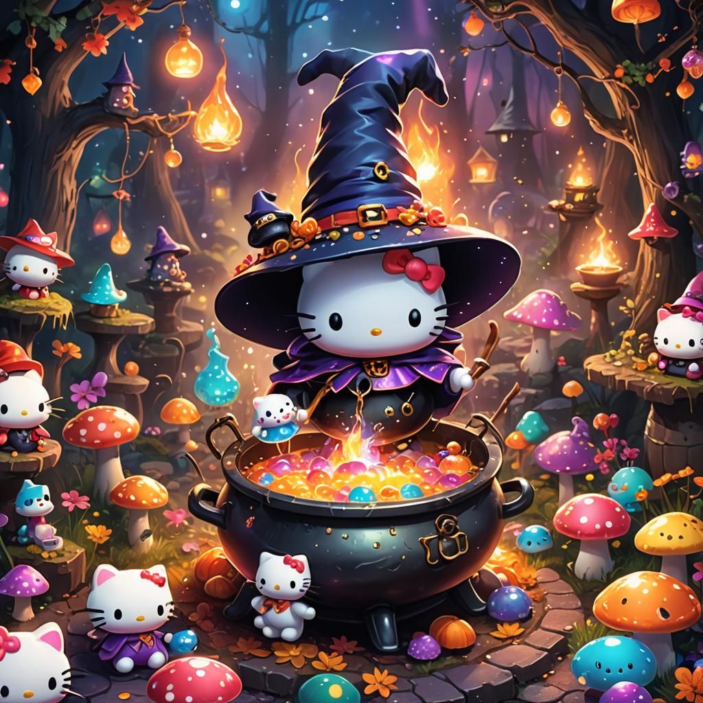 Hello Kitty Witch Brews Potion: Whimsical Illustration