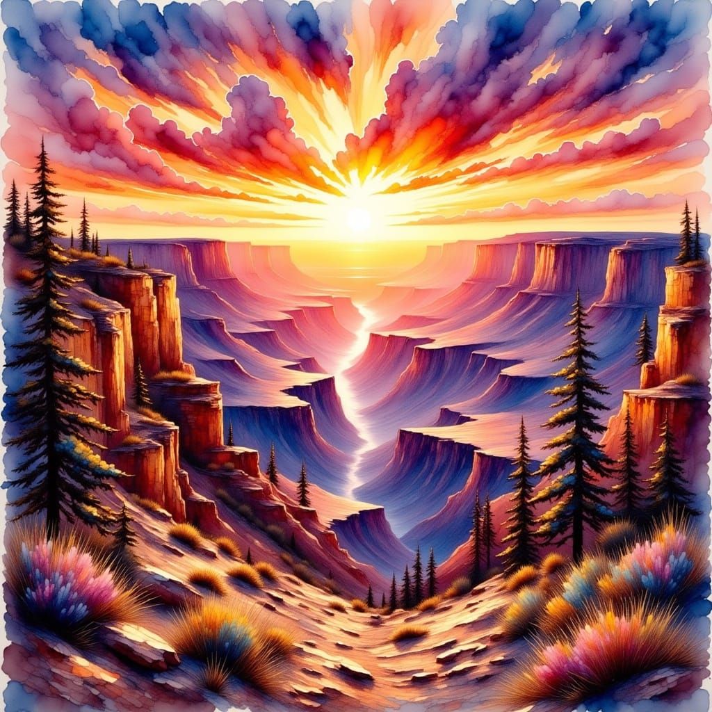 Vibrant Sunrise Over the Grand Canyon in Textured Watercolor...