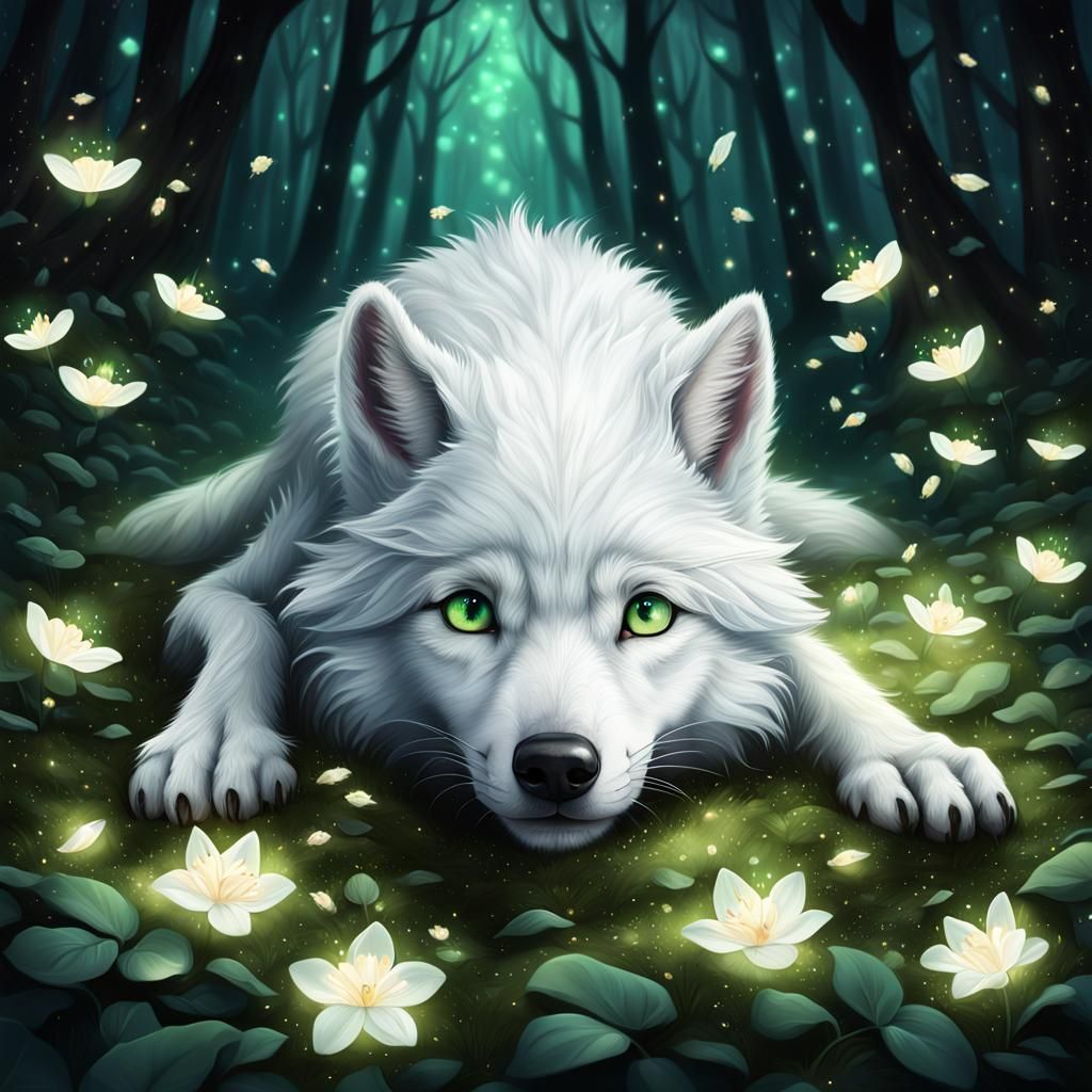 Adorable White Wolf in Magical Garden
