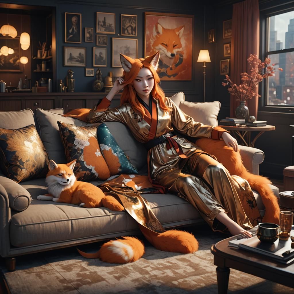 Kitsune Girl Lounging in New York Apartment