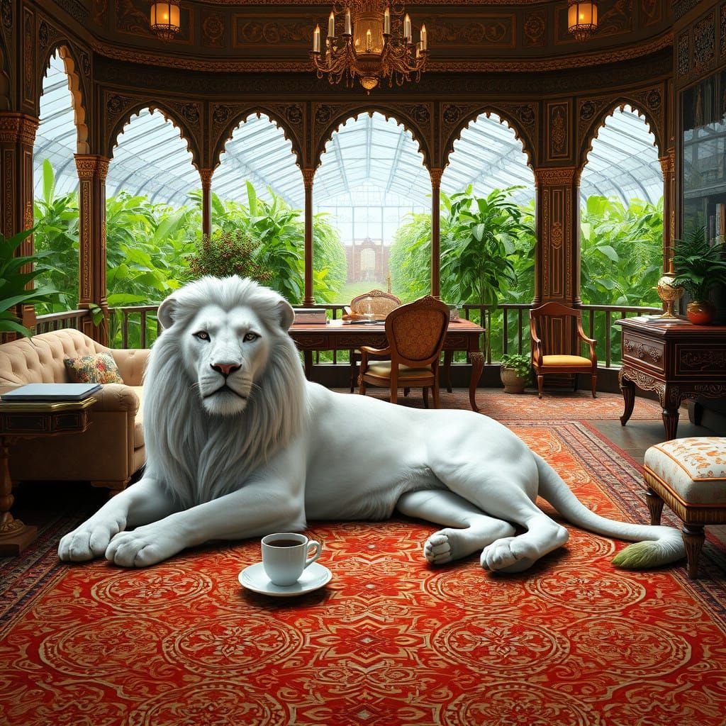 Majestic White Lion in Luxury Oasis Amidst Greenhouse Paradi...
