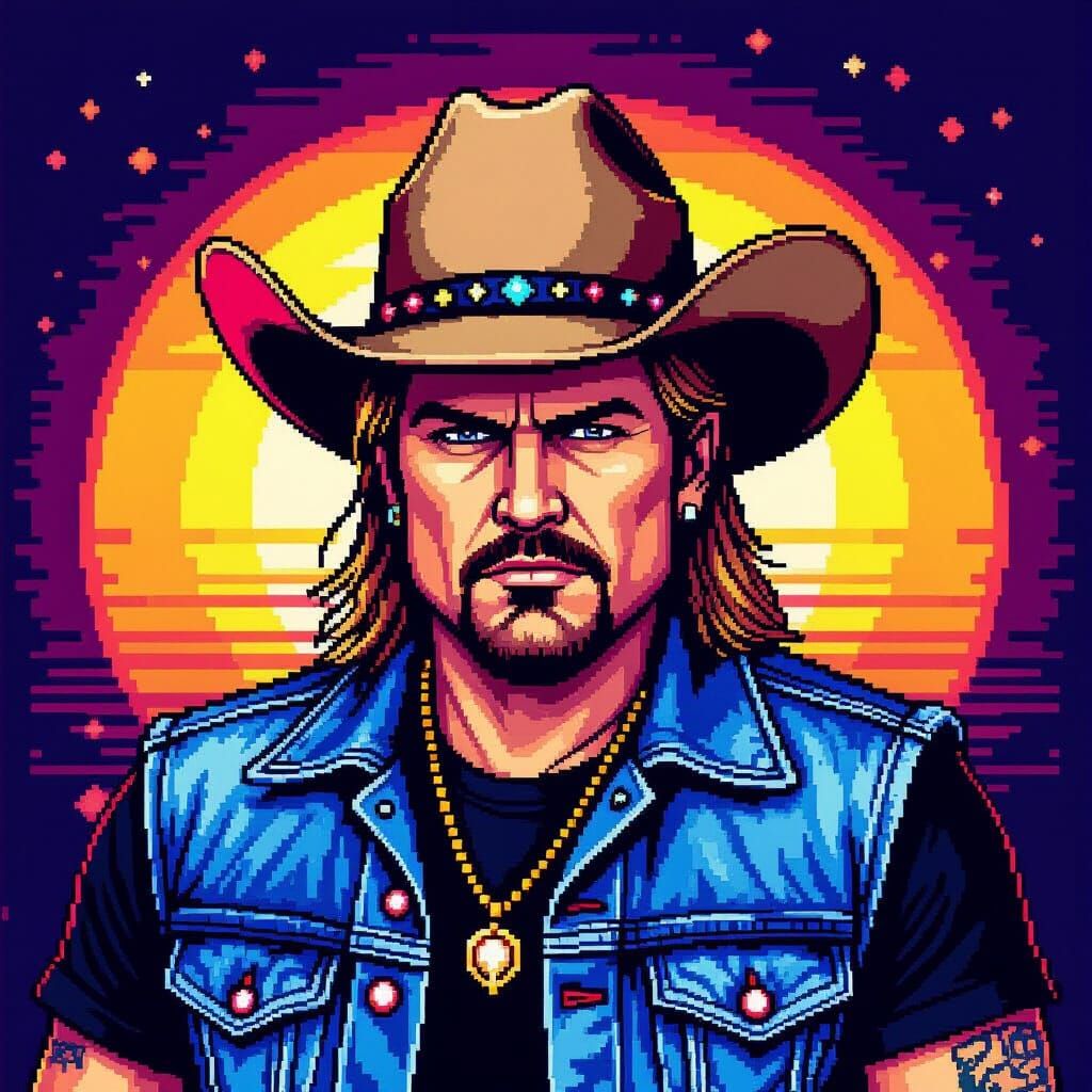Kid Rock Pixel Art Portrait in 8-Bit Style