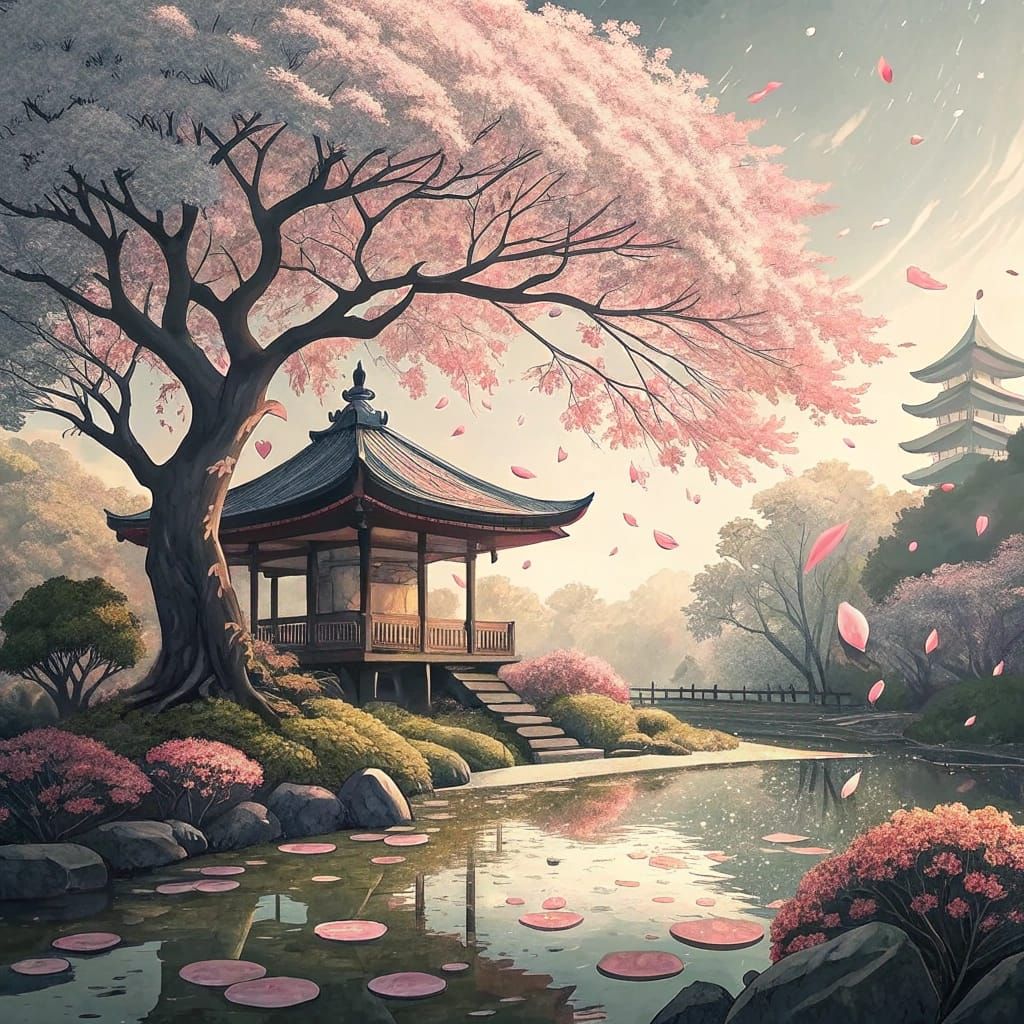 Serene Japanese Garden with Cherry Blossom and Koi Pond