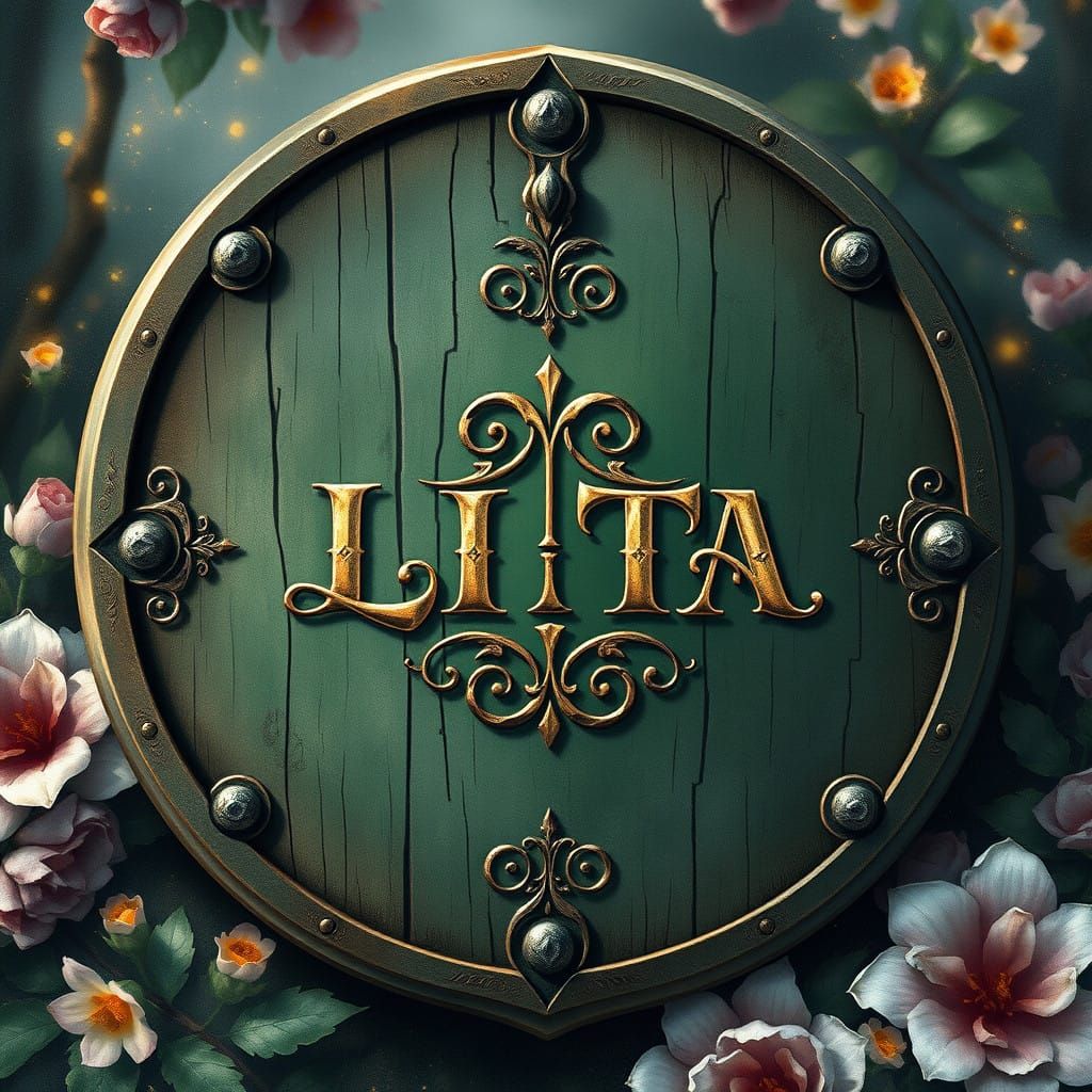 Fantasy Logo within Worn Wooden Shield in Deep Green Patina