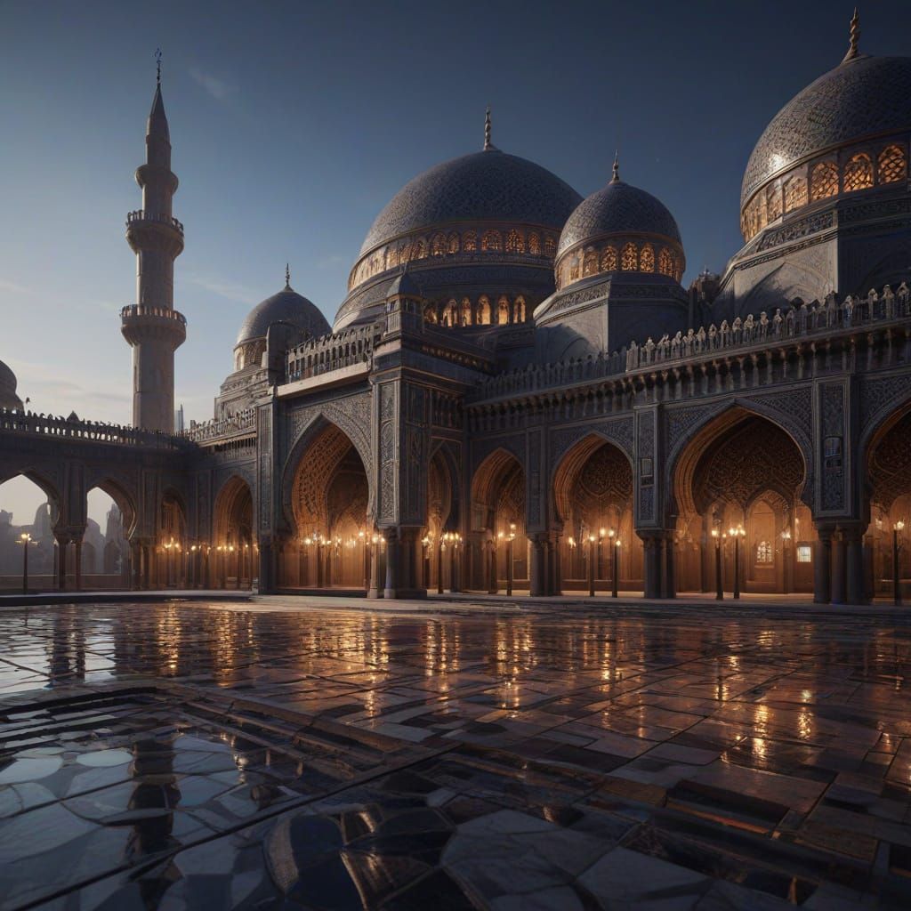 Futuristic Mosque at Dusk in a Vibrant Cityscape