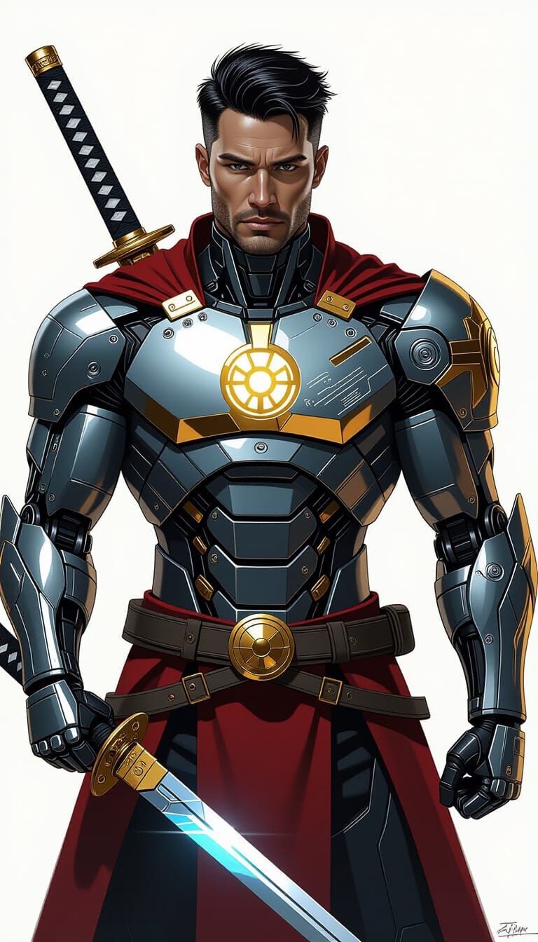 Futuristic Cyborg Hero with Samurai Sword