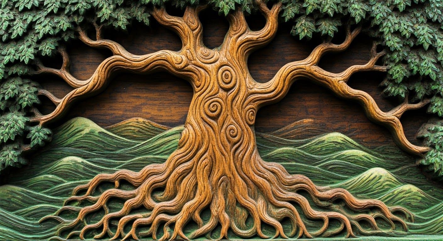 Intricately Carved Wooden Tree with Animal Motifs
