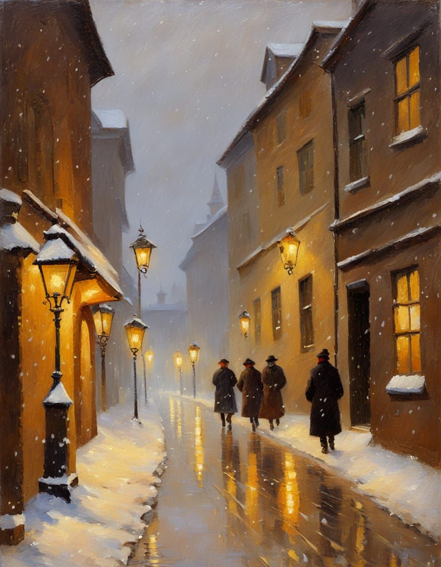 European Winter Alley in Impressionist Oil Painting