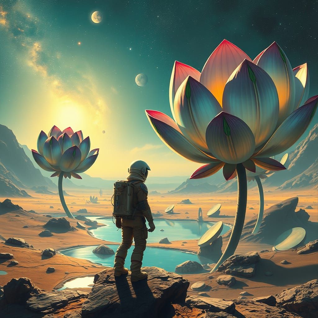 Astronaut and Alien Oasis with Iridescent Lotus Flowers