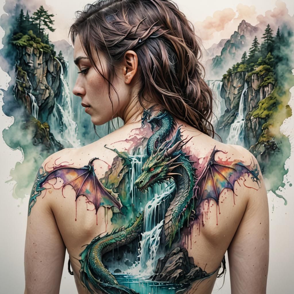 Dragon Tattoo in Watercolor Style on Woman's Back