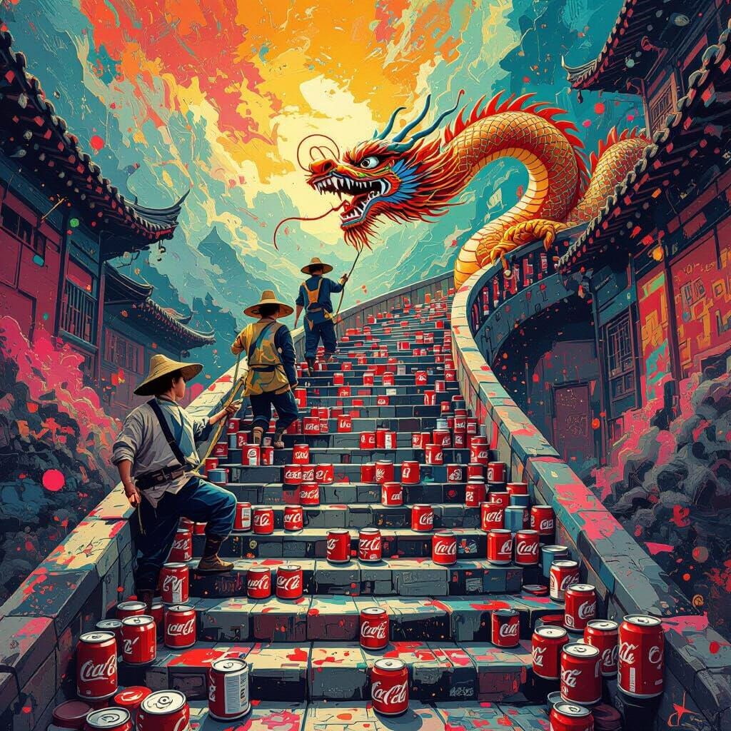 Endless Coca-Cola Staircase with Dragon, in Splash Art Style