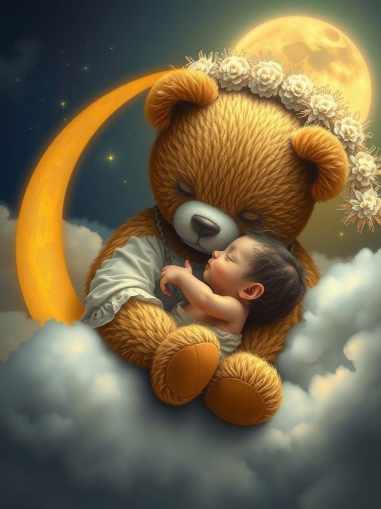 Teddy Bear Hugging Baby on Moon, Rackham Style