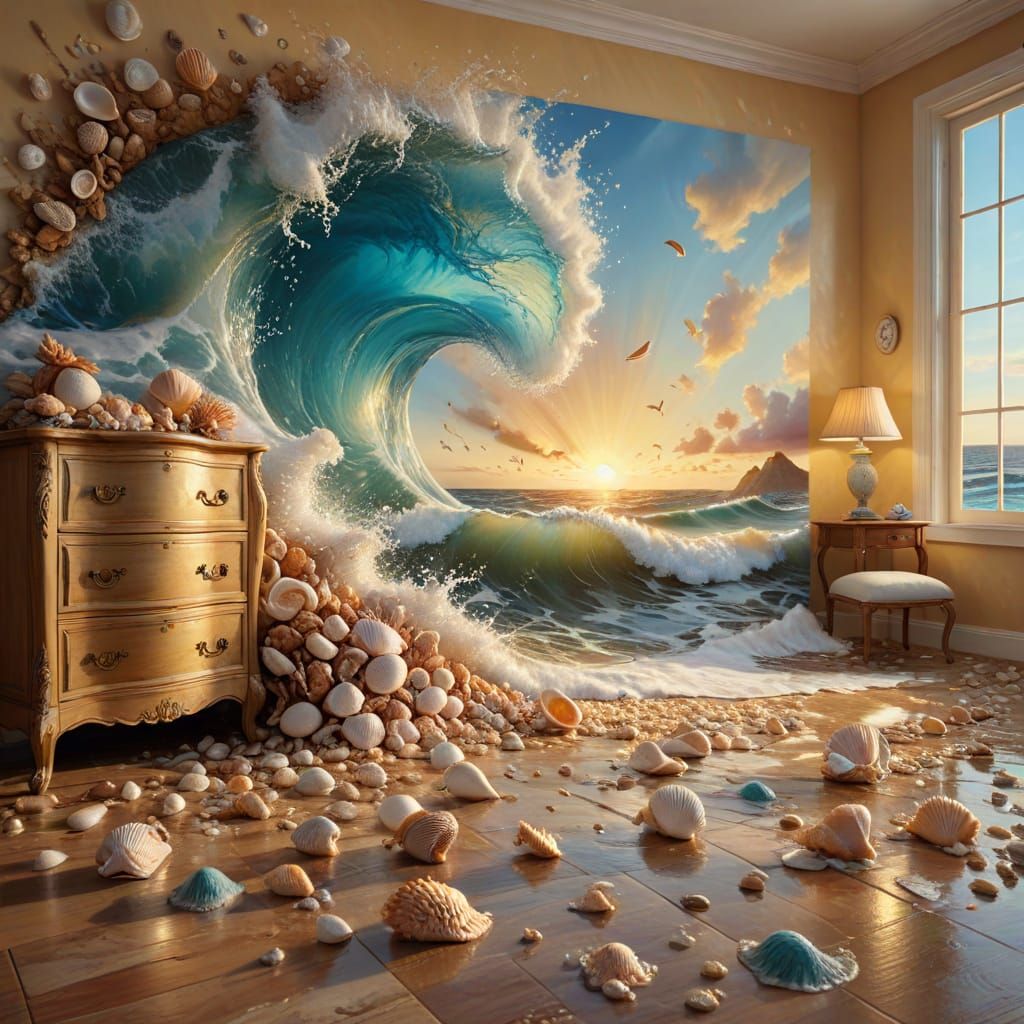 Surreal Ocean Bedroom in Vibrant Oil Painting Style