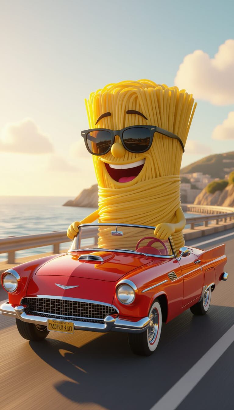 Spaghetti Man Drives Convertible at Golden Hour Coastal Suns...