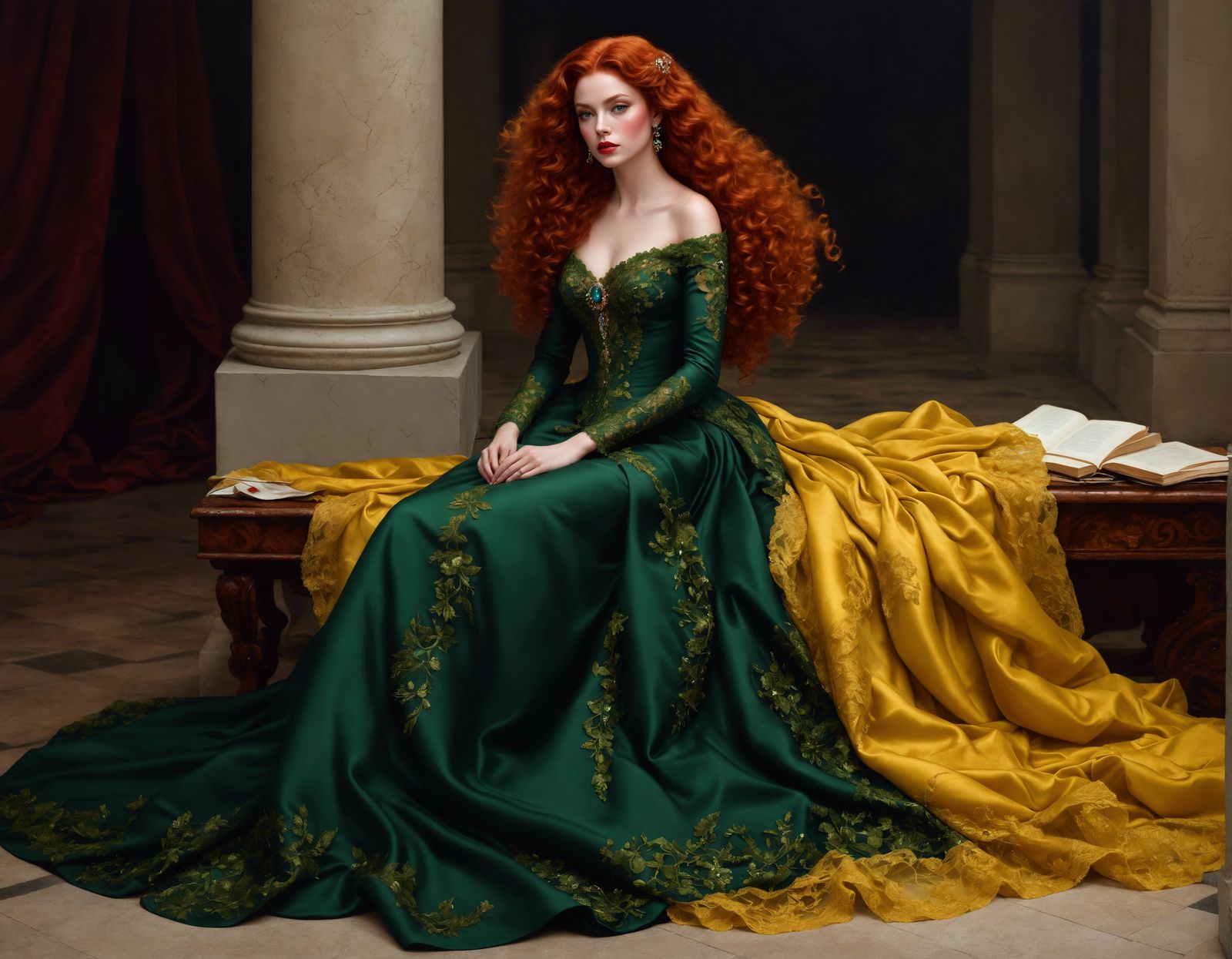 Elegant Woman with Red Curls in Surrealist Style