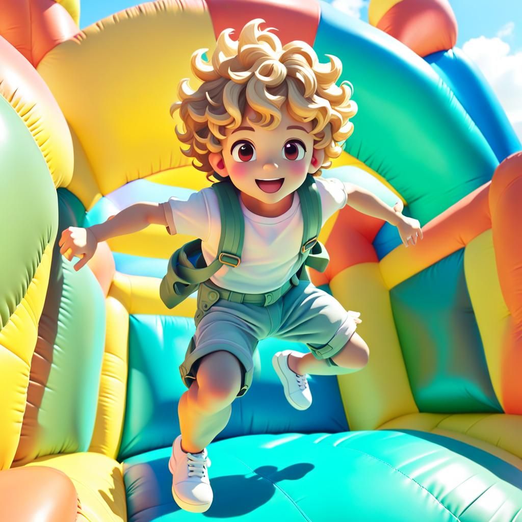 Joyful Toddler on Inflatable Castle, Pastel Felt Style