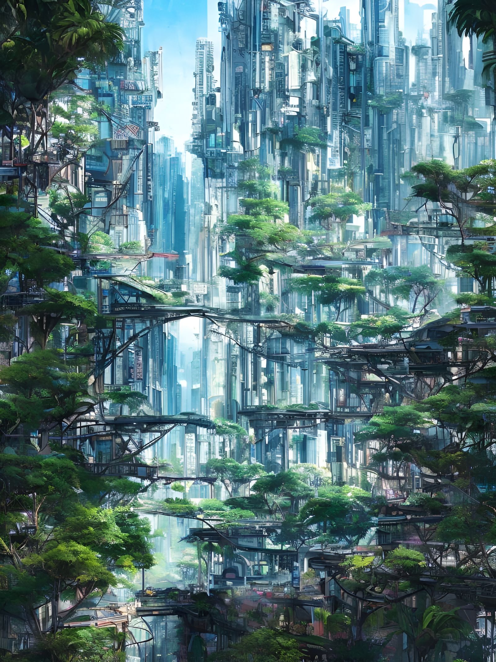 Cyberpunk City in Jungle with Sakura Trees