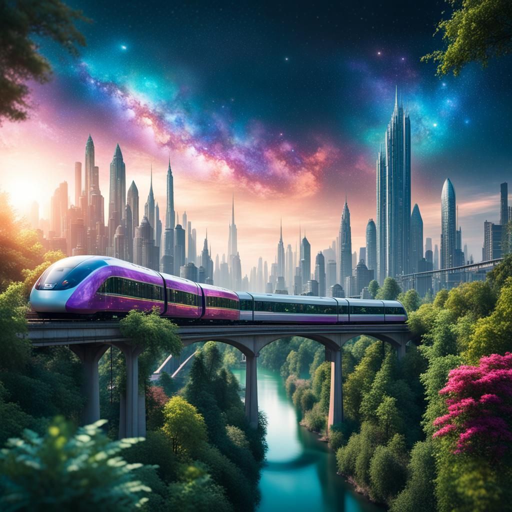 Futuristic Utopian City with Galaxy Sky