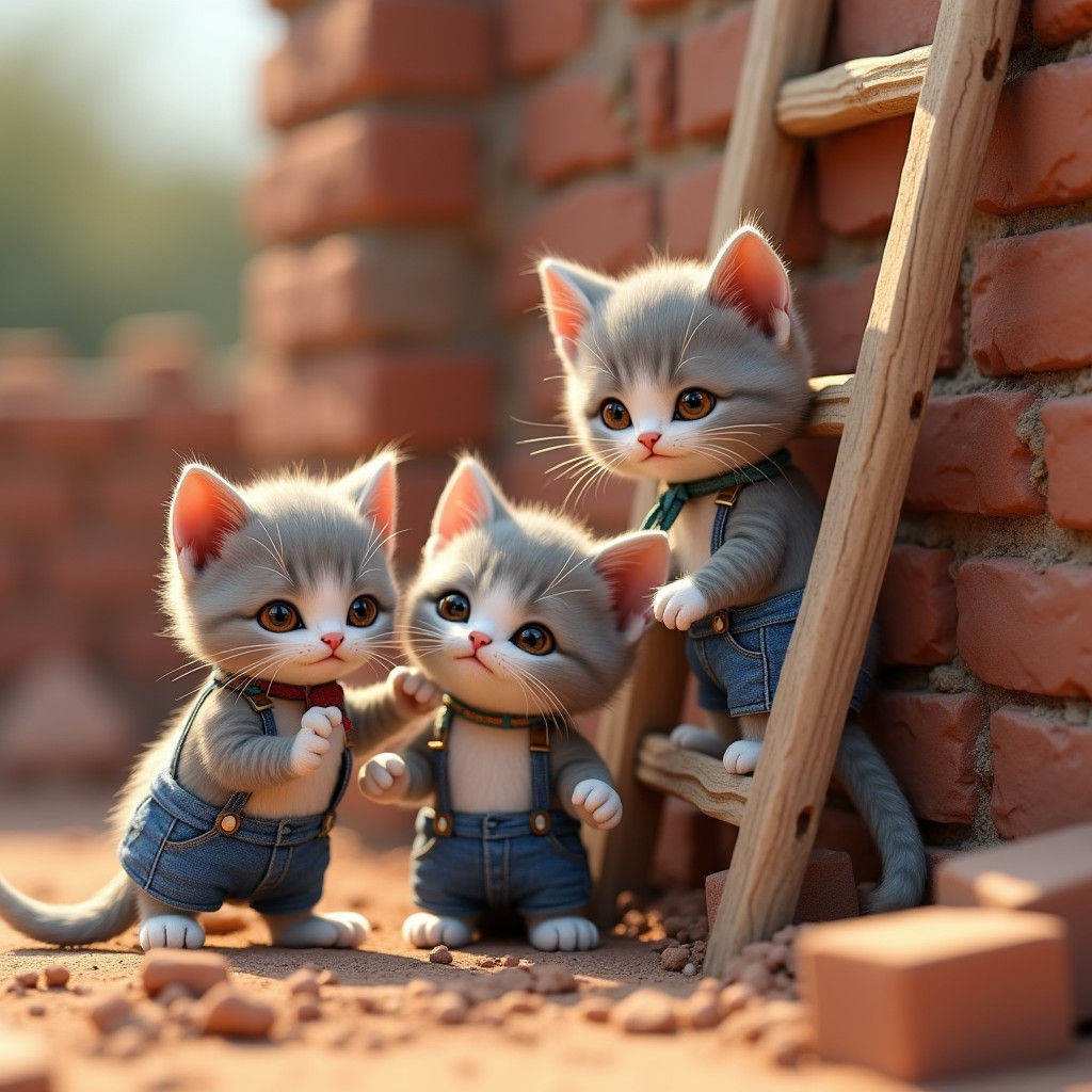 Kittens Constructing Brick Wall: Detailed 3D Render