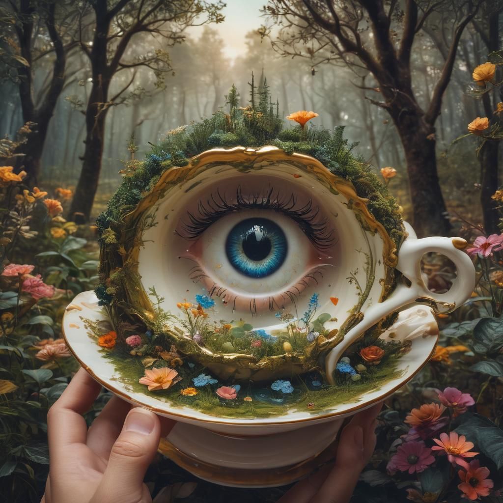 Mystical Forest Teacup Eye: Surreal Fantasy Art