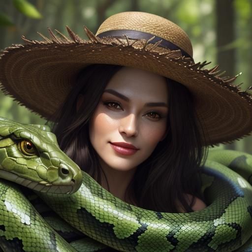 Woman in Snake Hat: Hyperrealistic Close-Up Portrait