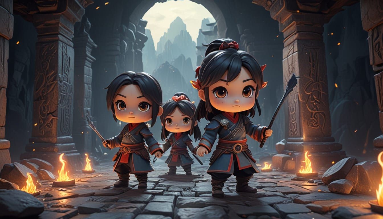 chibi wuxia scouts on a field trip to the Dungeon of Doom