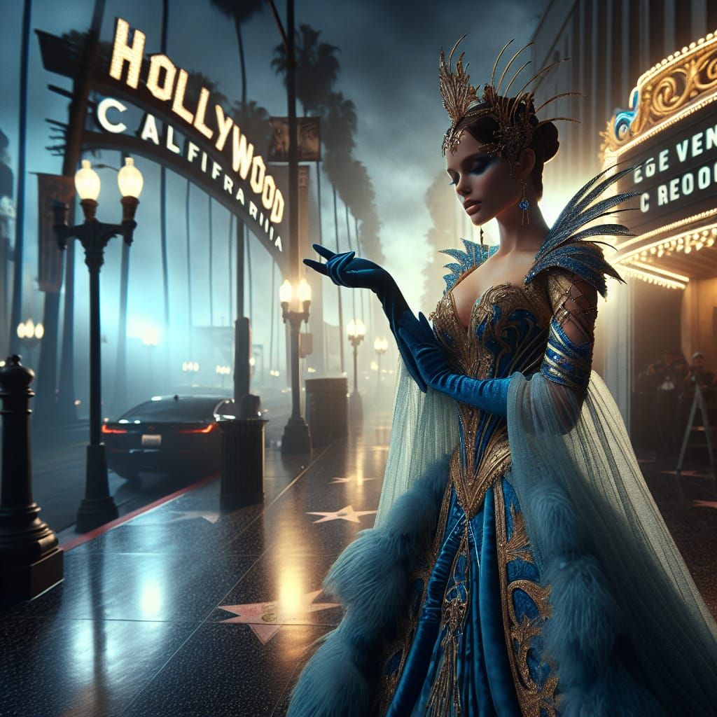 Blue and Gold Queen in Hollywood, Hyperrealistic Style